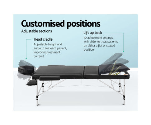 mt-alum-ga301-bk-80-03 3 Fold Portable Aluminium Massage Table - Black