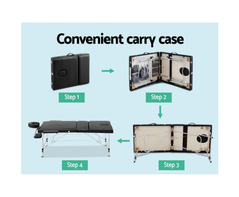 mt-alum-ga301-bk-80-05 3 Fold Portable Aluminium Massage Table - Black